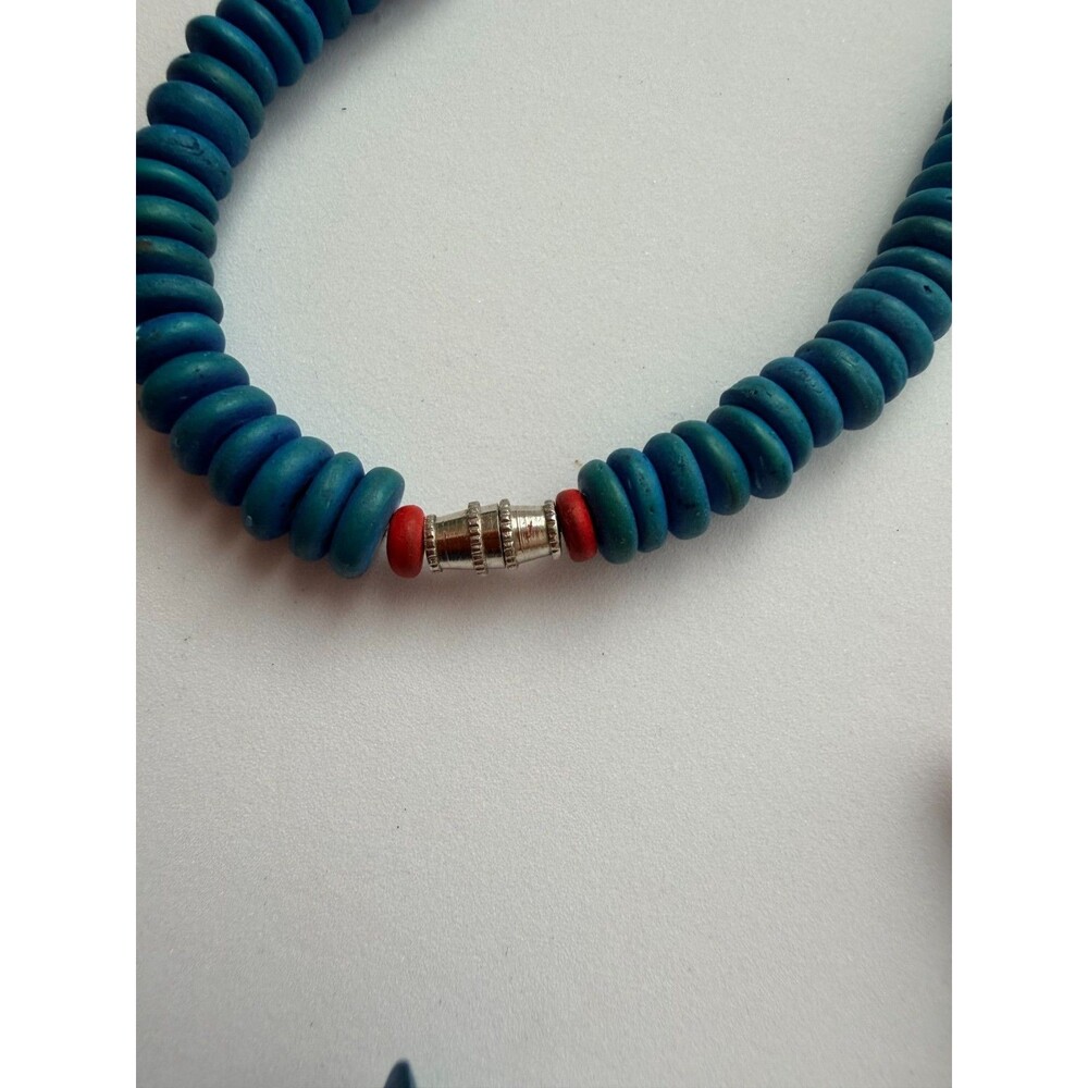 Vintage Hand Carved Wood Tropical Fish Shell Statement Necklace Blue Ocean Boho - Picture 5 of 8